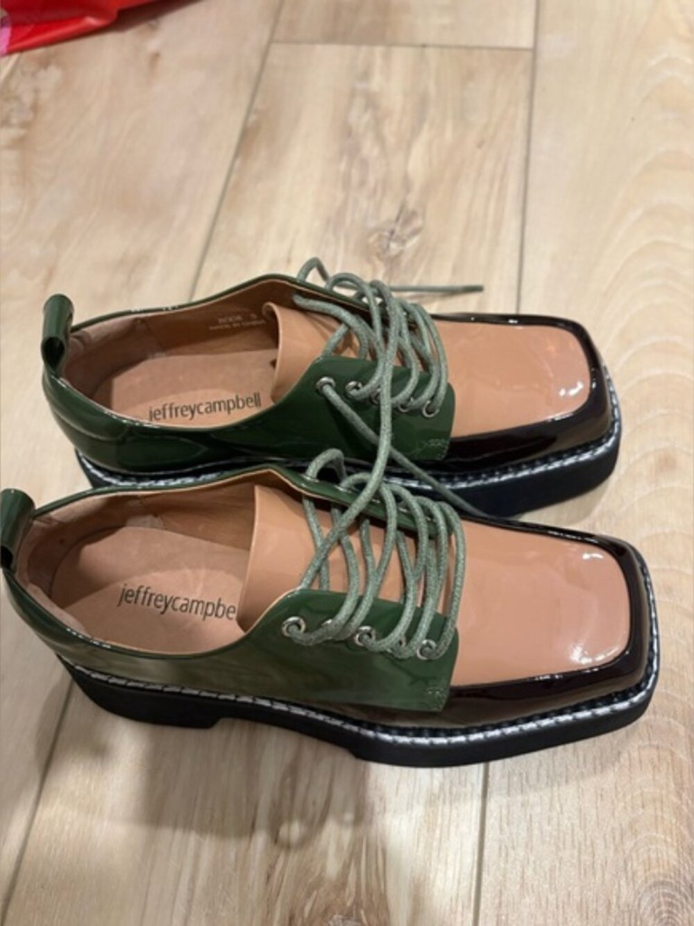 Jeffrey Campbell Book Platform Apron Toe Derby Green Tan Patent Leather Loafers - Picture 6 of 15